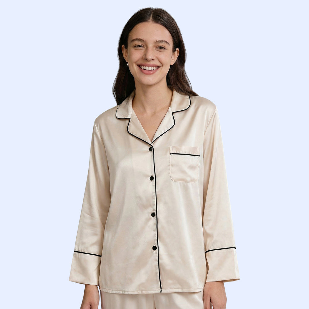 Women Silk pyjama Set - Long Sleeve Top & Elastic Waistband Pants