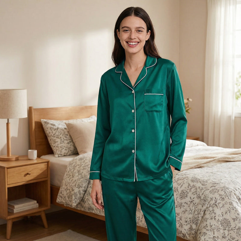 Women Silk pyjama Set - Long Sleeve Top & Elastic Waistband Pants
